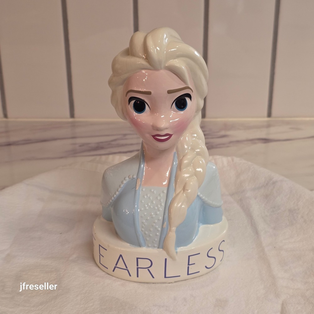 Disney Frozen Elsa Fearless Ceramic Coin Bank Bust Blue White Read Description